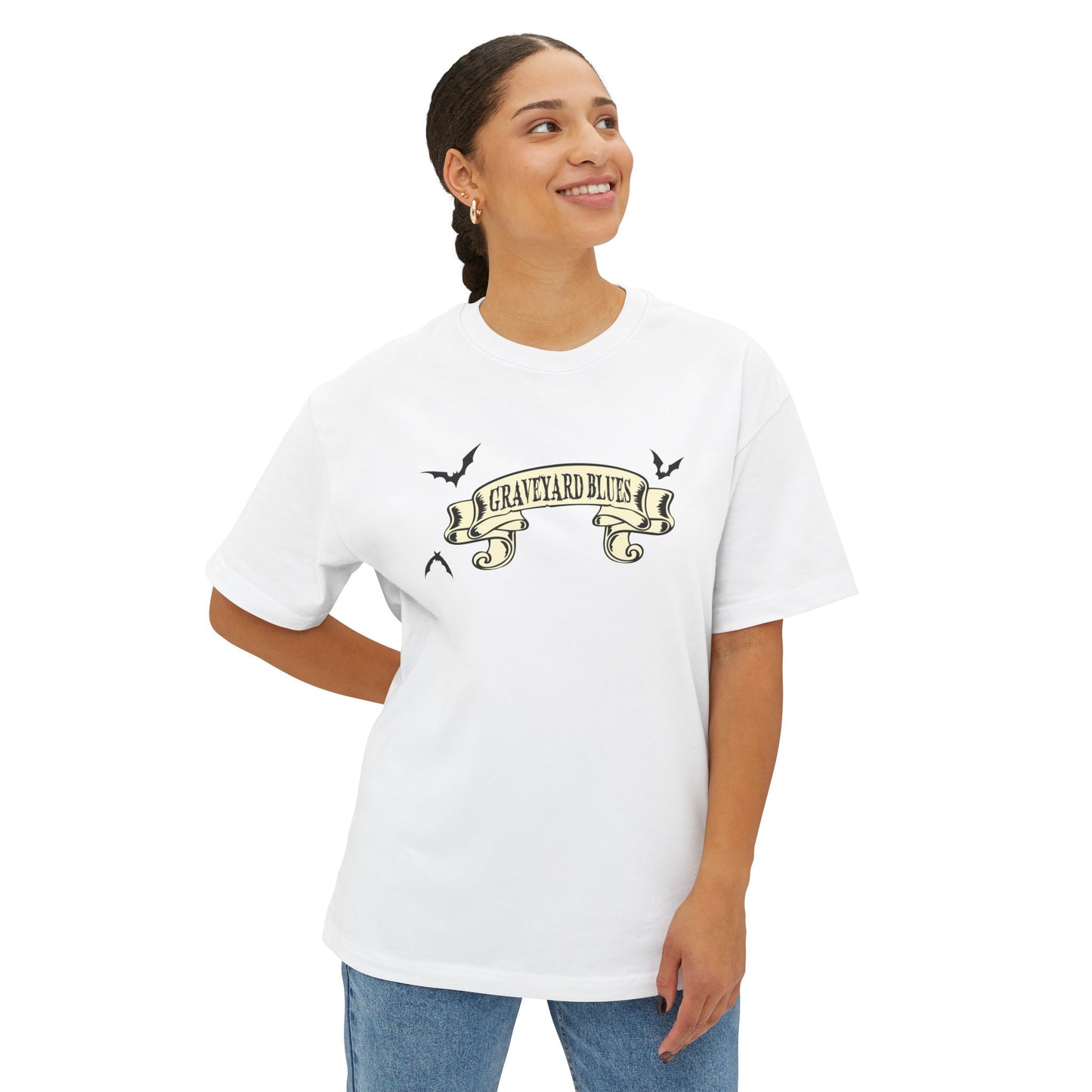 Graveyard Blues Tee - Vintage Banner Bat Graphic Boxy T-Shirt