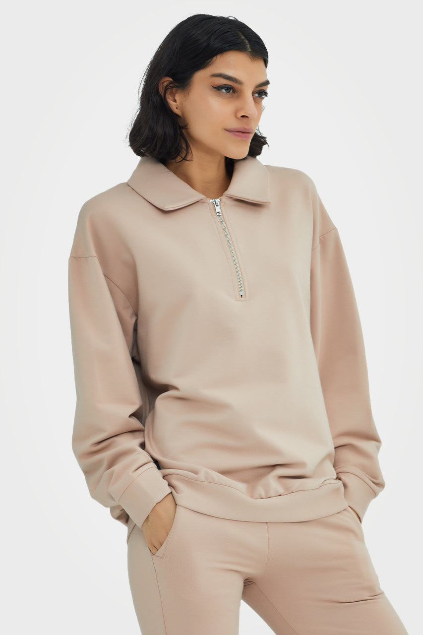 Pull en bambou bio pour femme, confortable, à demi-zip et coupe ajustée